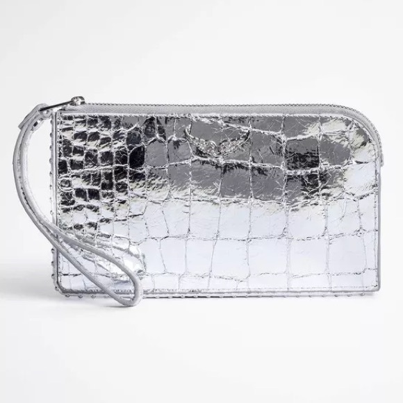 Zadig & Voltaire Silver Croc Embossed Phone Wallet Wristlet and AirPod Case Set - Picture 5 of 16